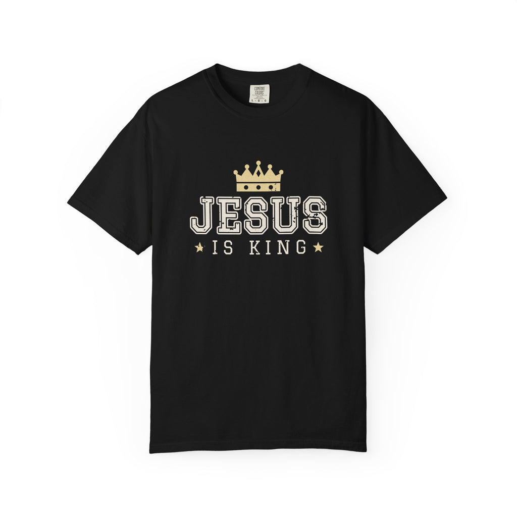 Jesus Is King Christian tee in black, front mockup