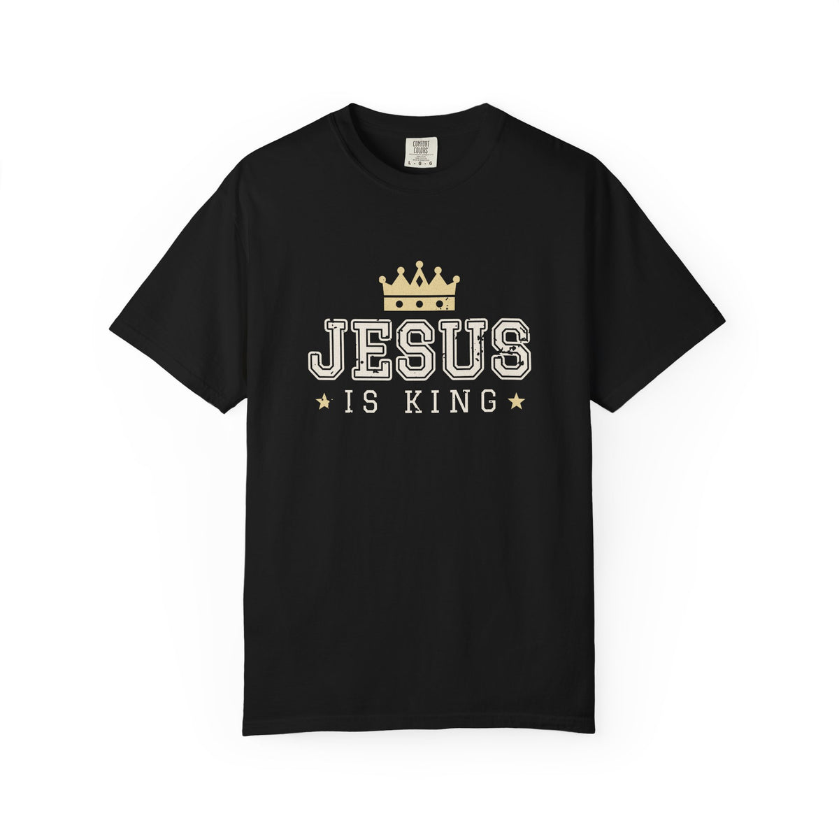 Jesus Is King Christian tee in black, front mockup