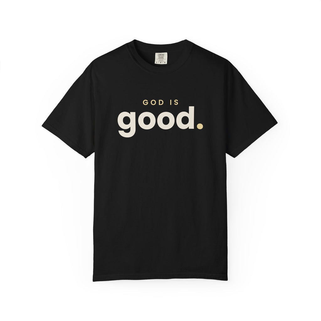 God Is Good Christian tee in black, front mockup