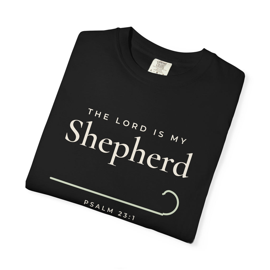 The Lord Is My Shepherd Psalm 23:1 Christian tee in black, folded mockup