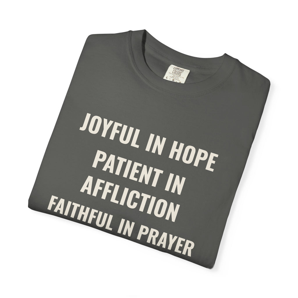 Joyful in Hope Romans 12:12 tee in pepper, folded mockup