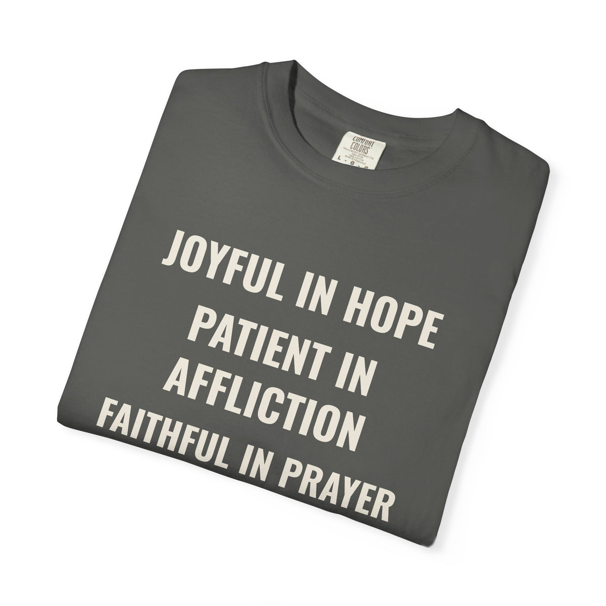 Joyful in Hope Romans 12:12 tee in pepper, folded mockup