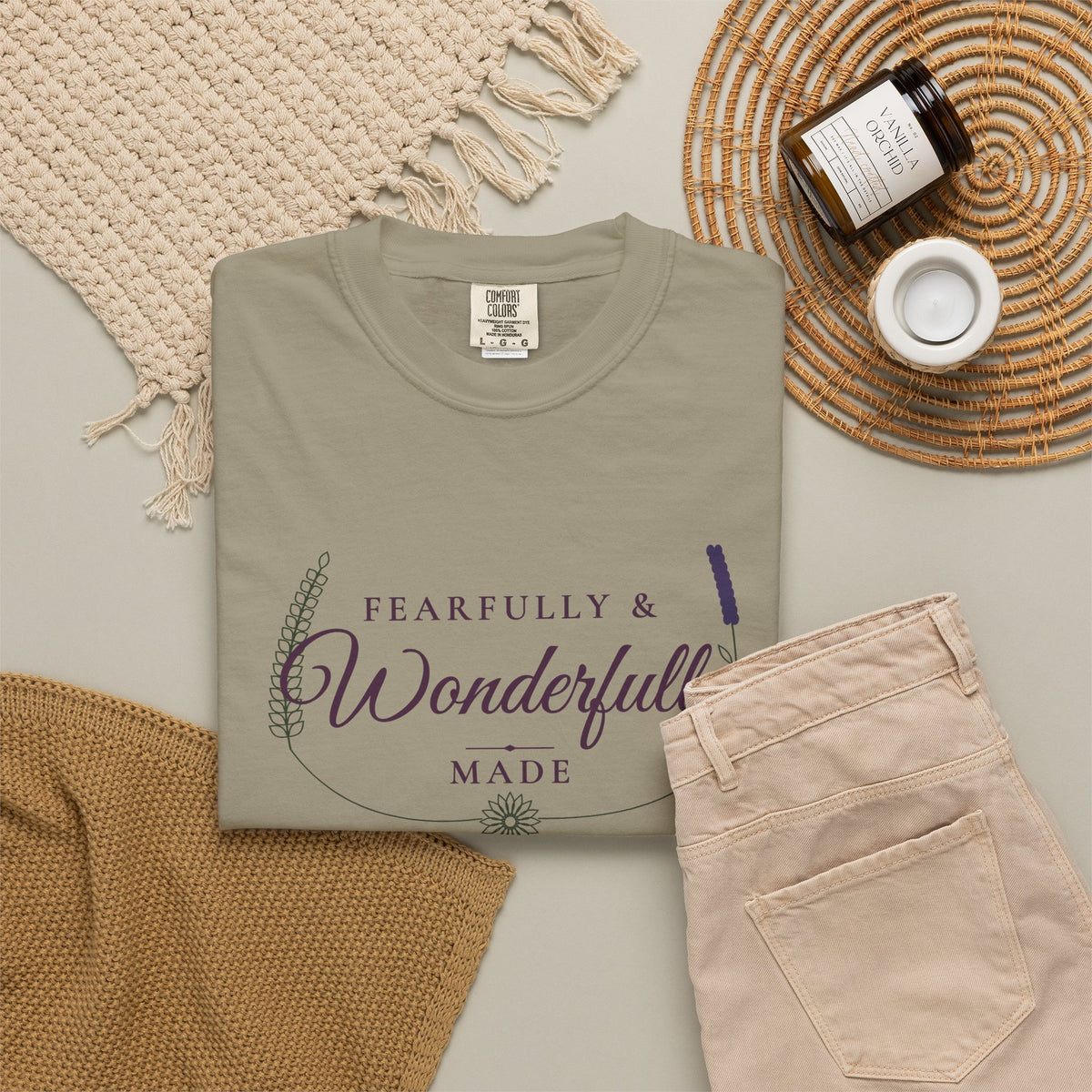 Fearfully & Wonderfully Made Psalm 139:14 tee in sandstone, folded flat lay mockup