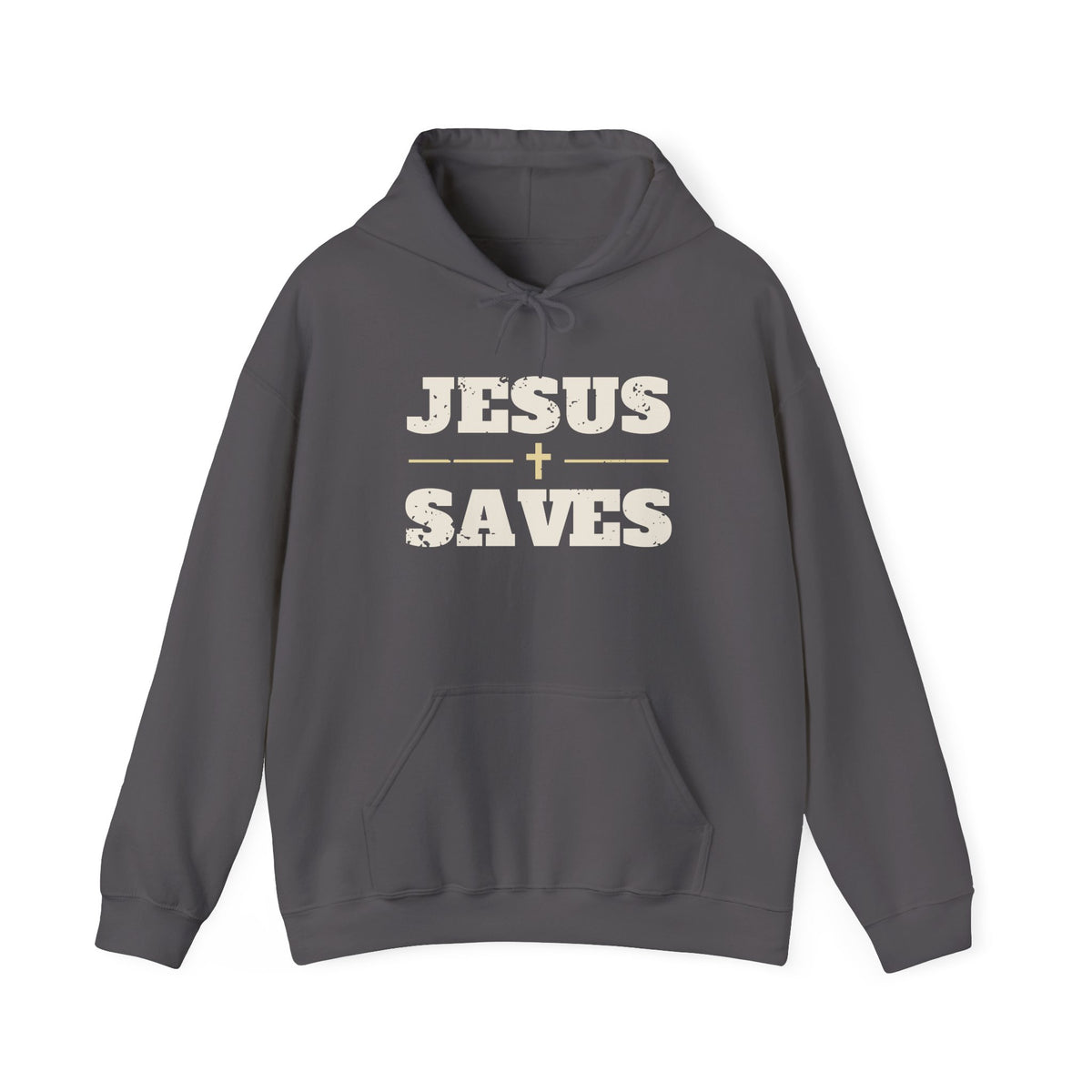 Jesus Saves Christian hoodie in charcoal, front mockup