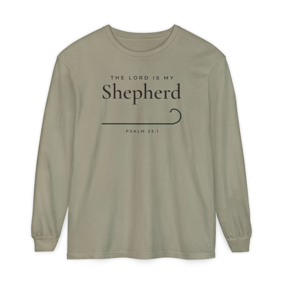 The Lord Is My Shepherd Psalm 23:1 Christian long sleeve tee in sandstone, front mockup
