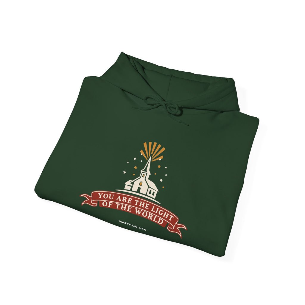 City on a Hill Matthew 5:14 hoodie in forest green, folded mockup