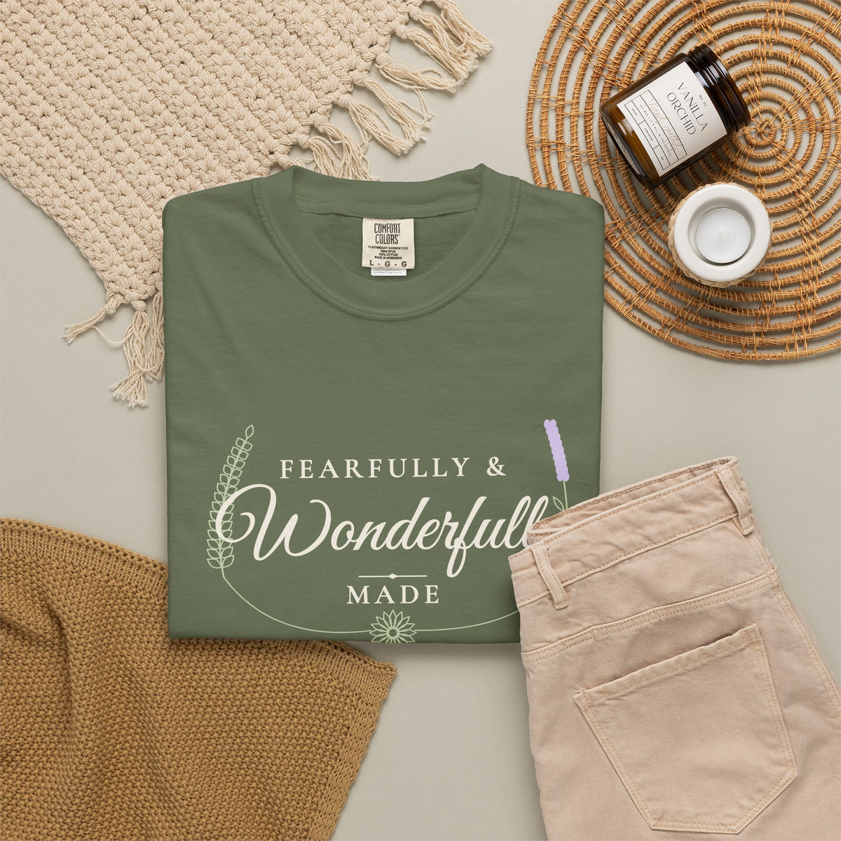 Fearfully & Wonderfully Made Psalm 139:14 tee in sage, folded flat lay mockup