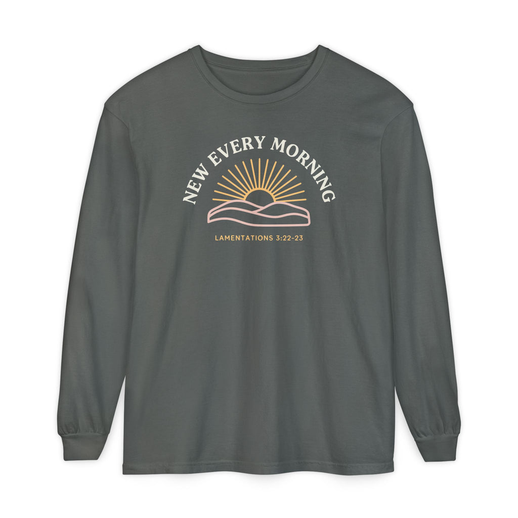 New Every Morning Lamentations 3:22-23 long sleeve tee in pepper, front mockup