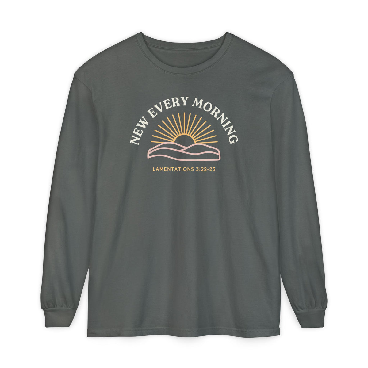 New Every Morning Lamentations 3:22-23 long sleeve tee in pepper, front mockup