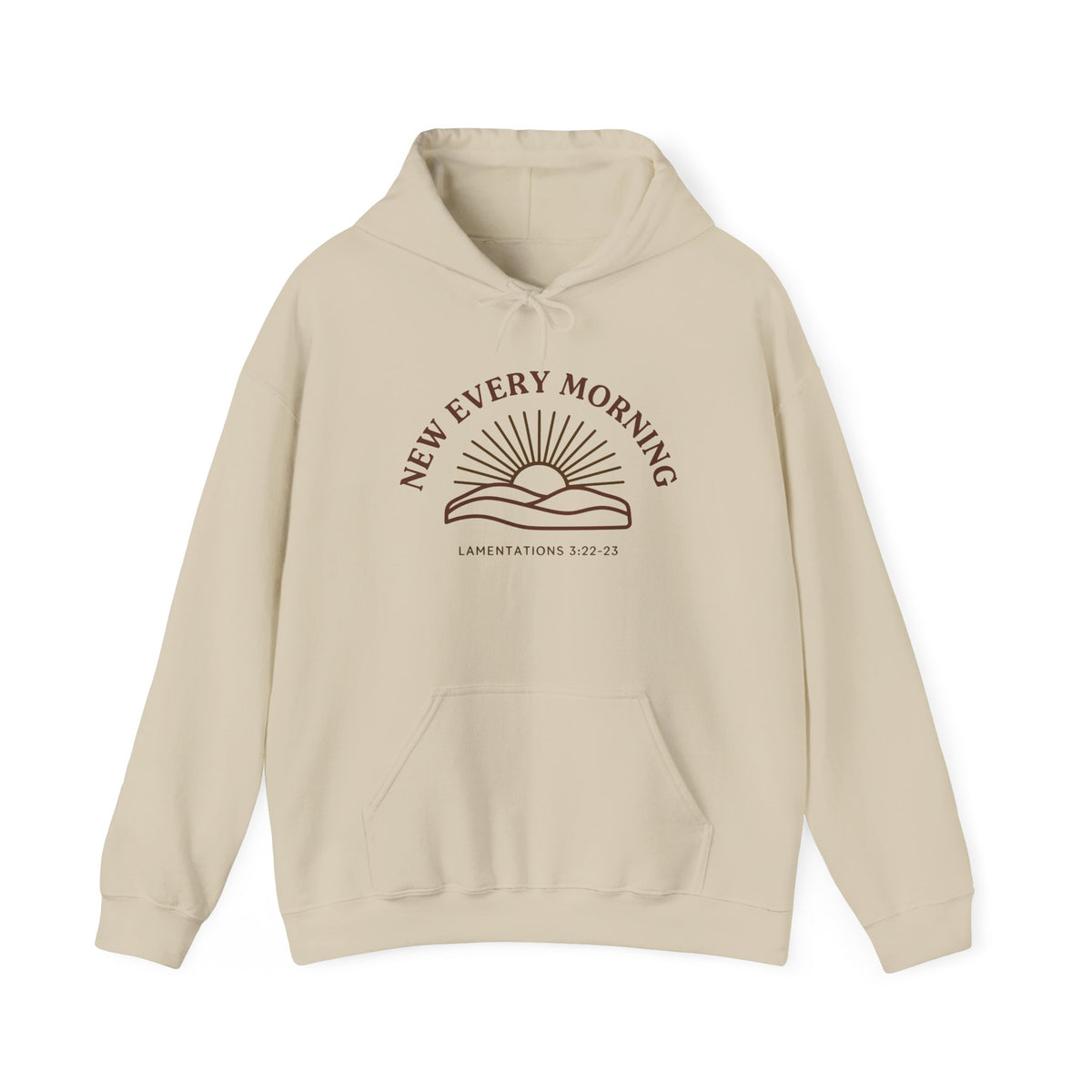 New Every Morning Lamentations 3:22-23 hoodie in sand, front mockup