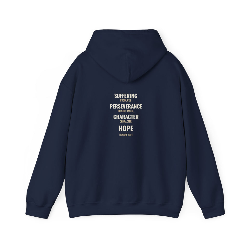 Suffering Produces Hope Romans 5:3-4 hoodie in navy, back (Romans 5:3-4 back print) mockup