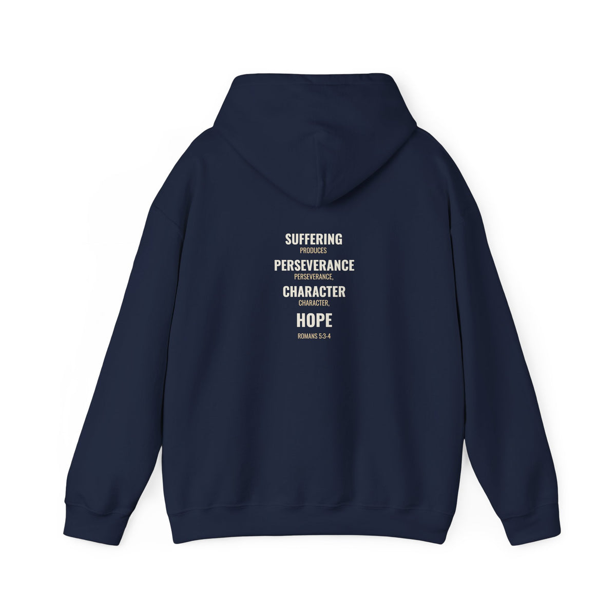 Suffering Produces Hope Romans 5:3-4 hoodie in navy, back (Romans 5:3-4 back print) mockup