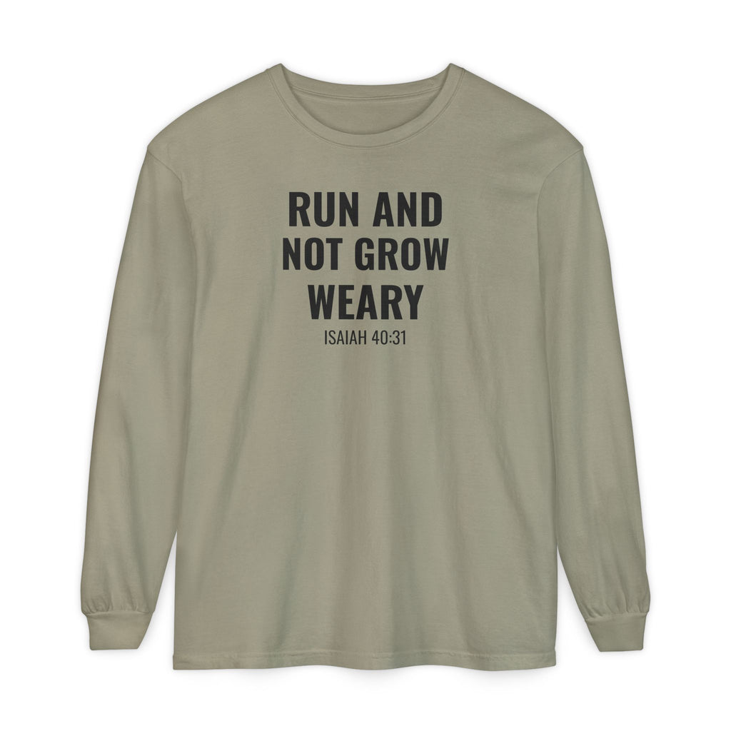 Run and Not Grow Weary Isaiah 40:31 long sleeve tee in sandstone, front mockup