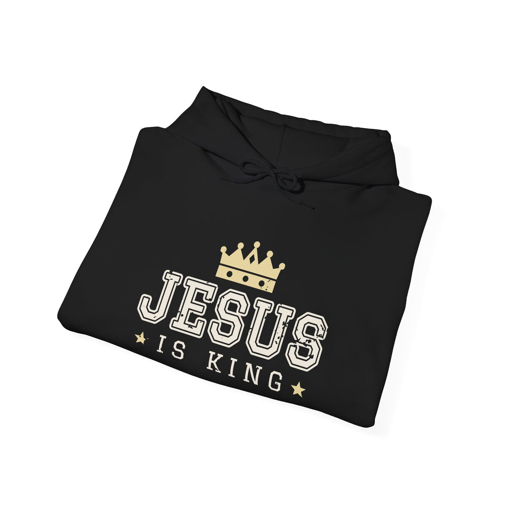 Jesus Is King Christian hoodie in black, folded mockup