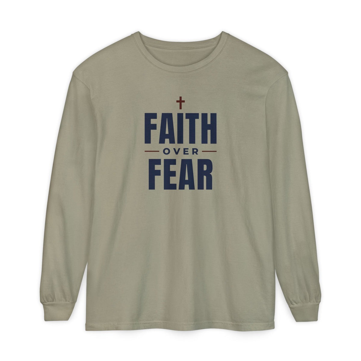 Faith Over Fear Christian long sleeve tee in sandstone, front mockup