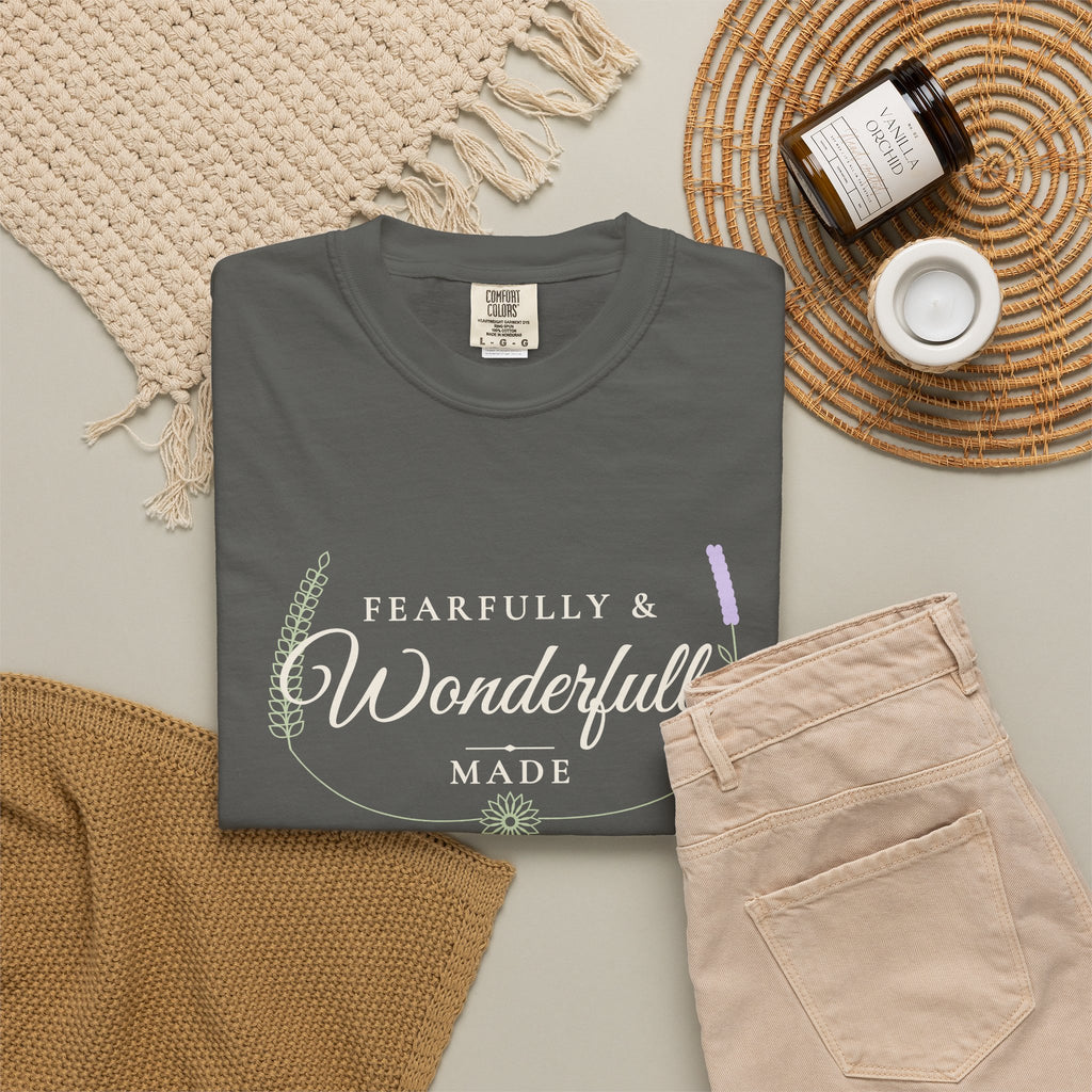 Fearfully & Wonderfully Made Psalm 139:14 tee in pepper, folded flat lay mockup
