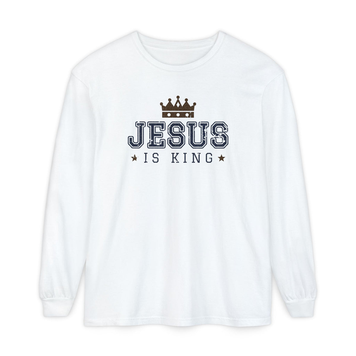 Jesus Is King Christian long sleeve tee in white, front mockup