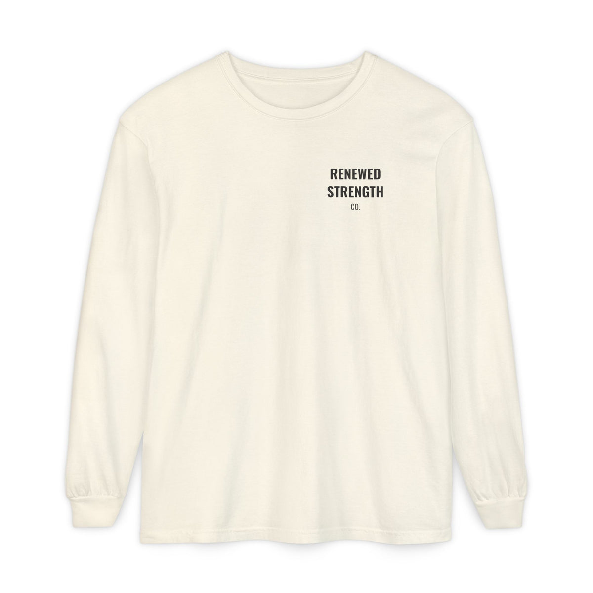 Suffering Produces Hope Romans 5:3-4 long sleeve tee in ivory, front (left-chest logo) mockup