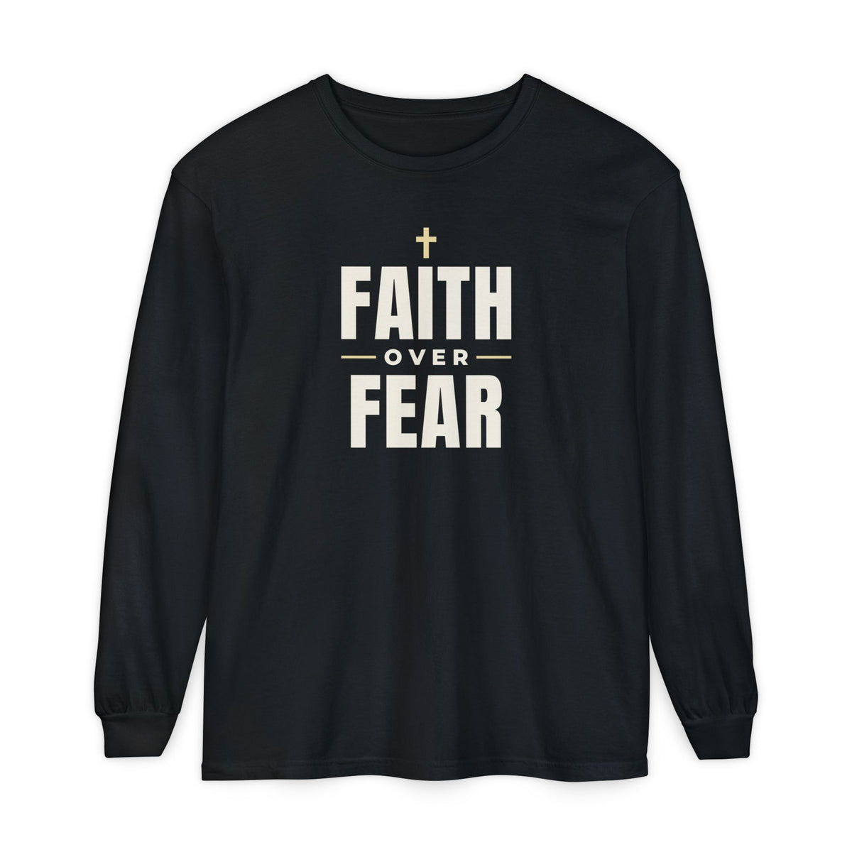Faith Over Fear Christian long sleeve tee in black, front mockup
