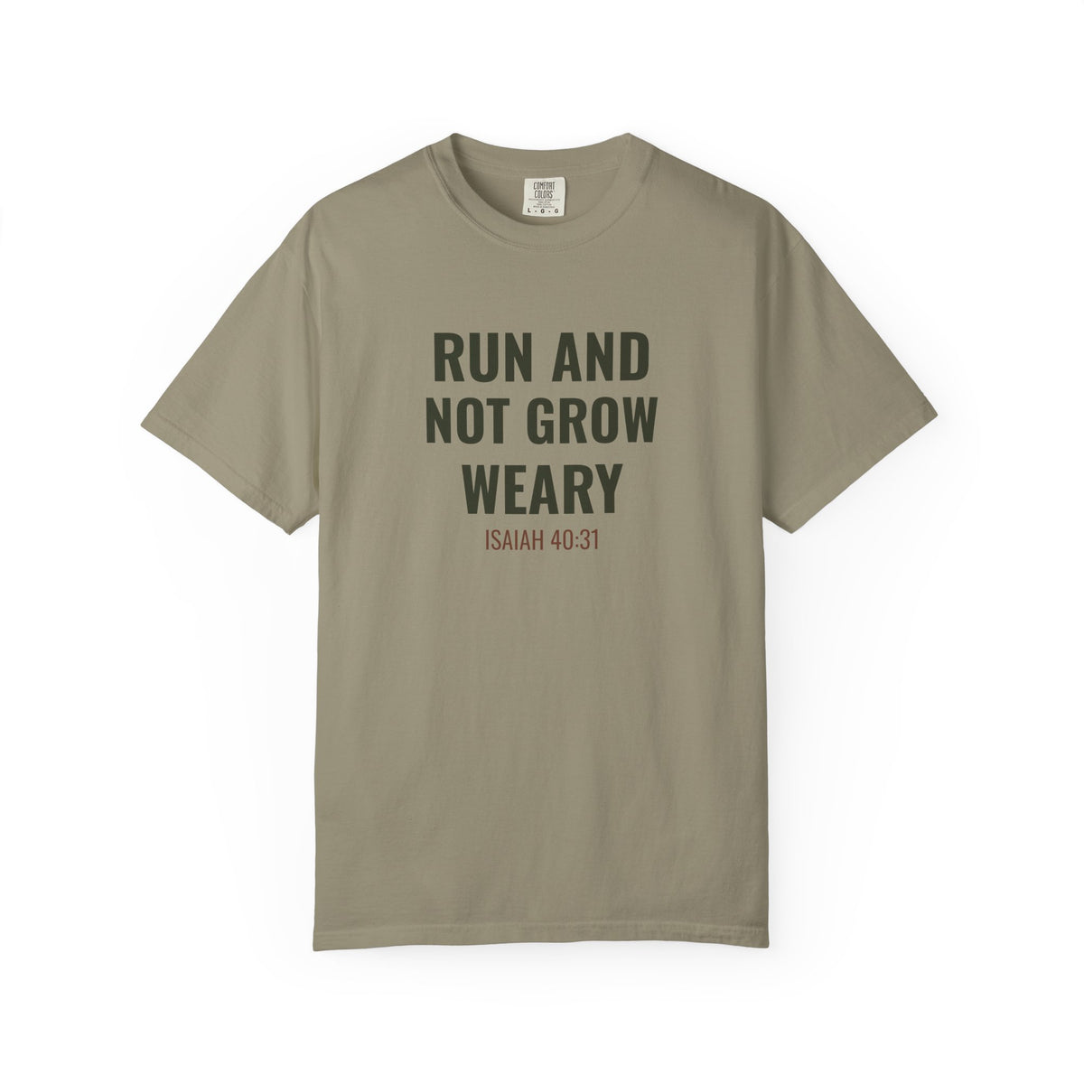Run and Not Grow Weary Isaiah 40:31 tee in sandstone, front mockup
