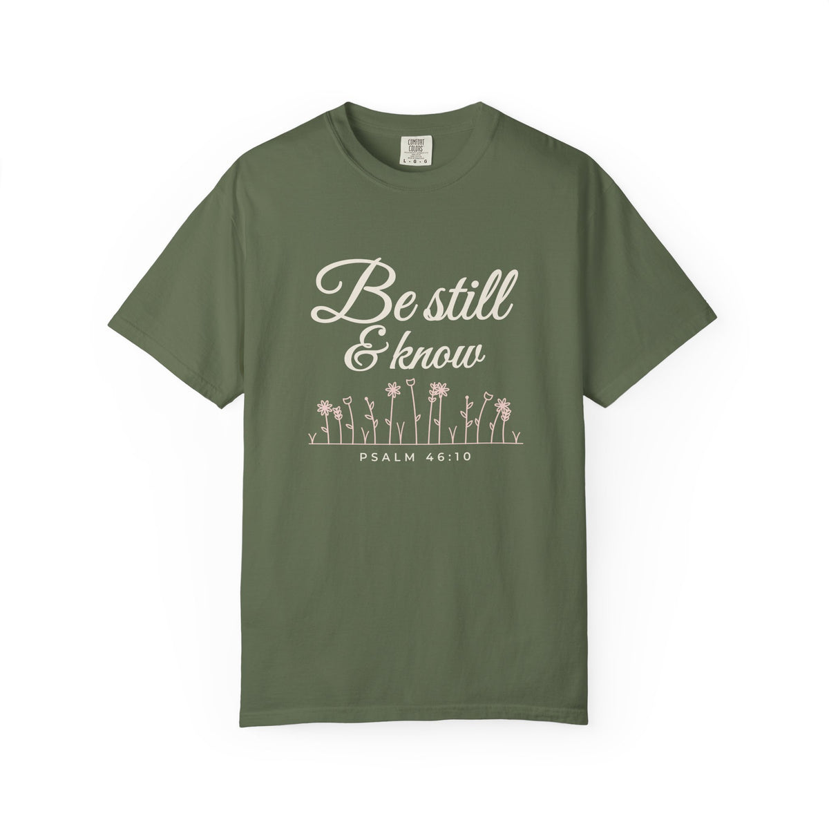 Be Still & Know Wildflower Psalm 46:10 Christian tee in sage, front mockup