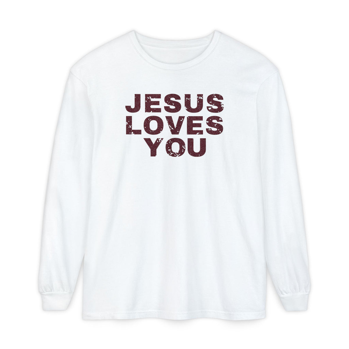 Jesus Loves You Christian long sleeve tee in white, front mockup