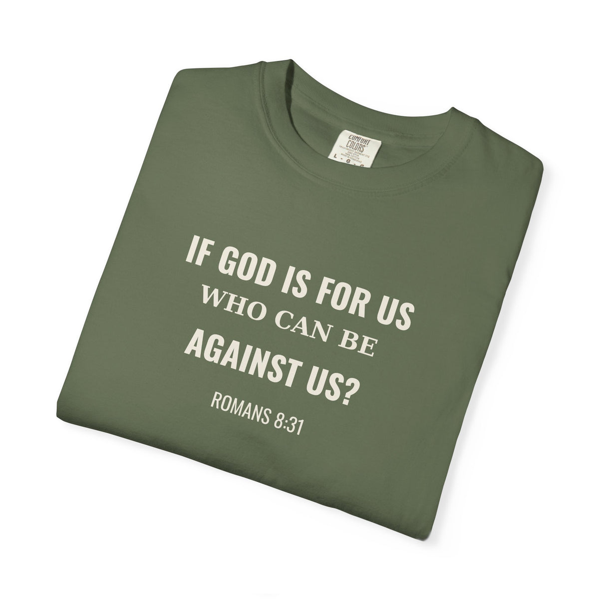 If God Is For Us Romans 8:31 tee in sage, folded mockup