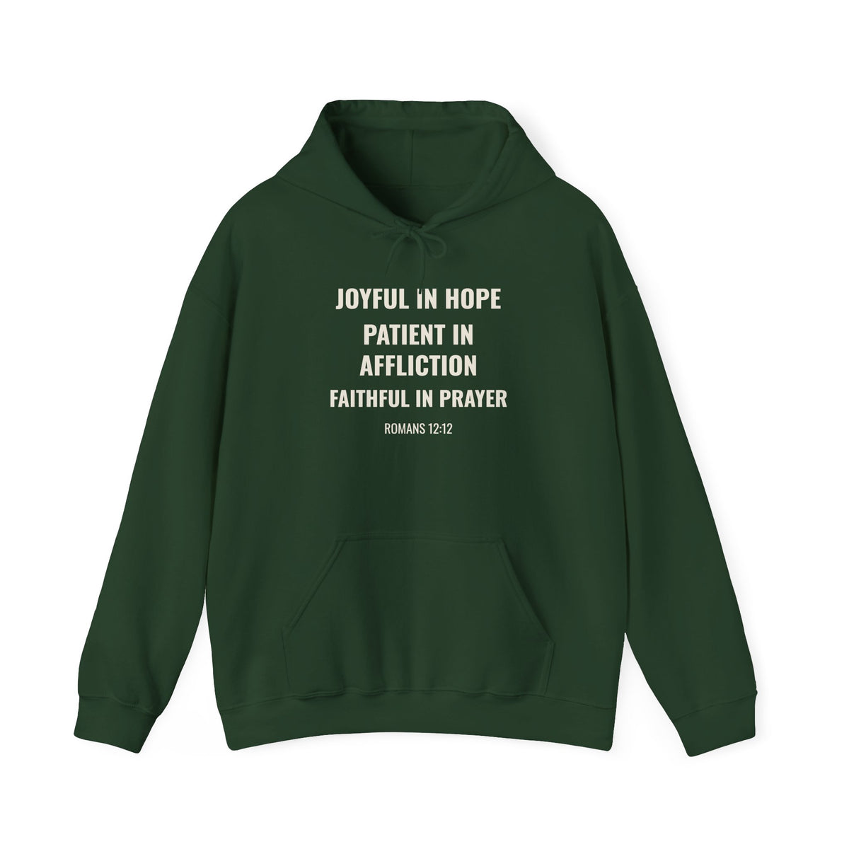 Joyful in Hope Romans 12:12 hoodie in forest green, front mockup