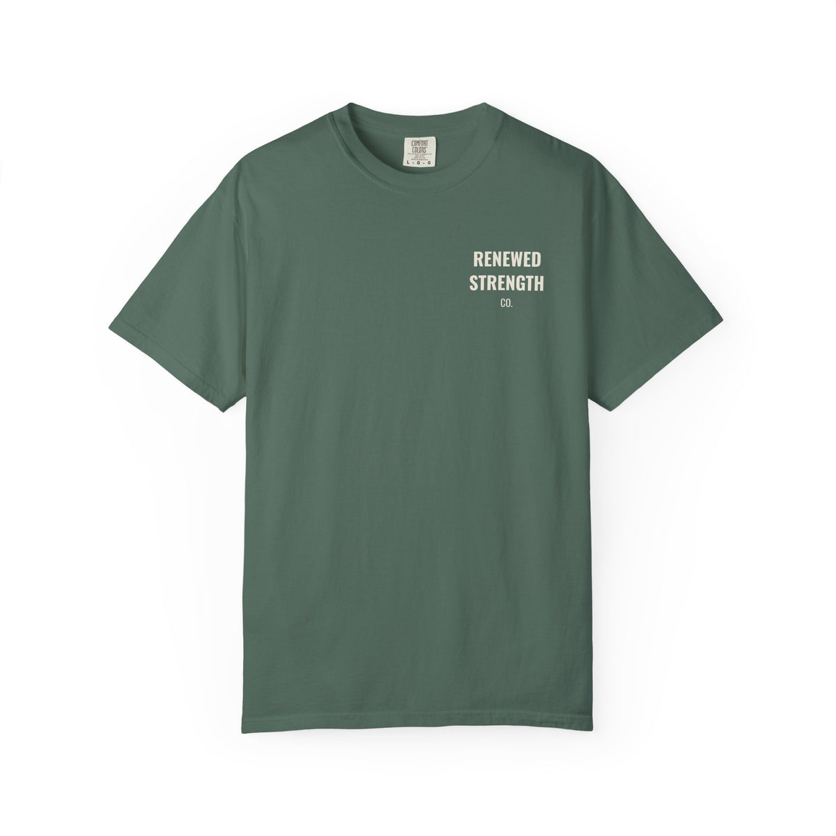 Suffering Produces Hope Romans 5:3-4 tee in blue spruce, front (left-chest logo) mockup