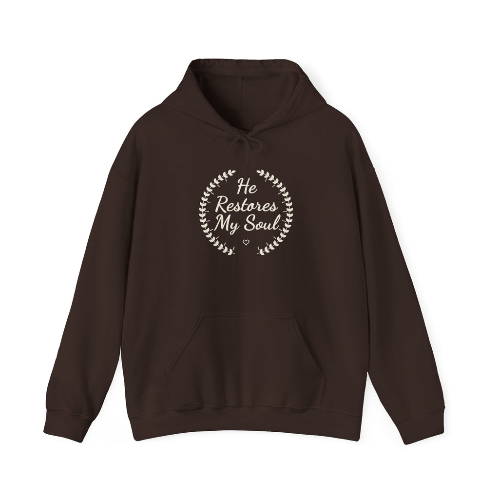 He Restores My Soul Psalm 23:3 hoodie in dark chocolate, front mockup