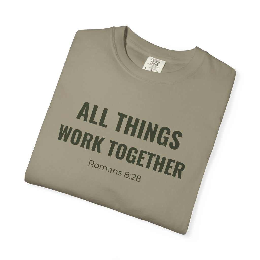 All Things Work Together Romans 8:28 tee in sandstone, folded mockup