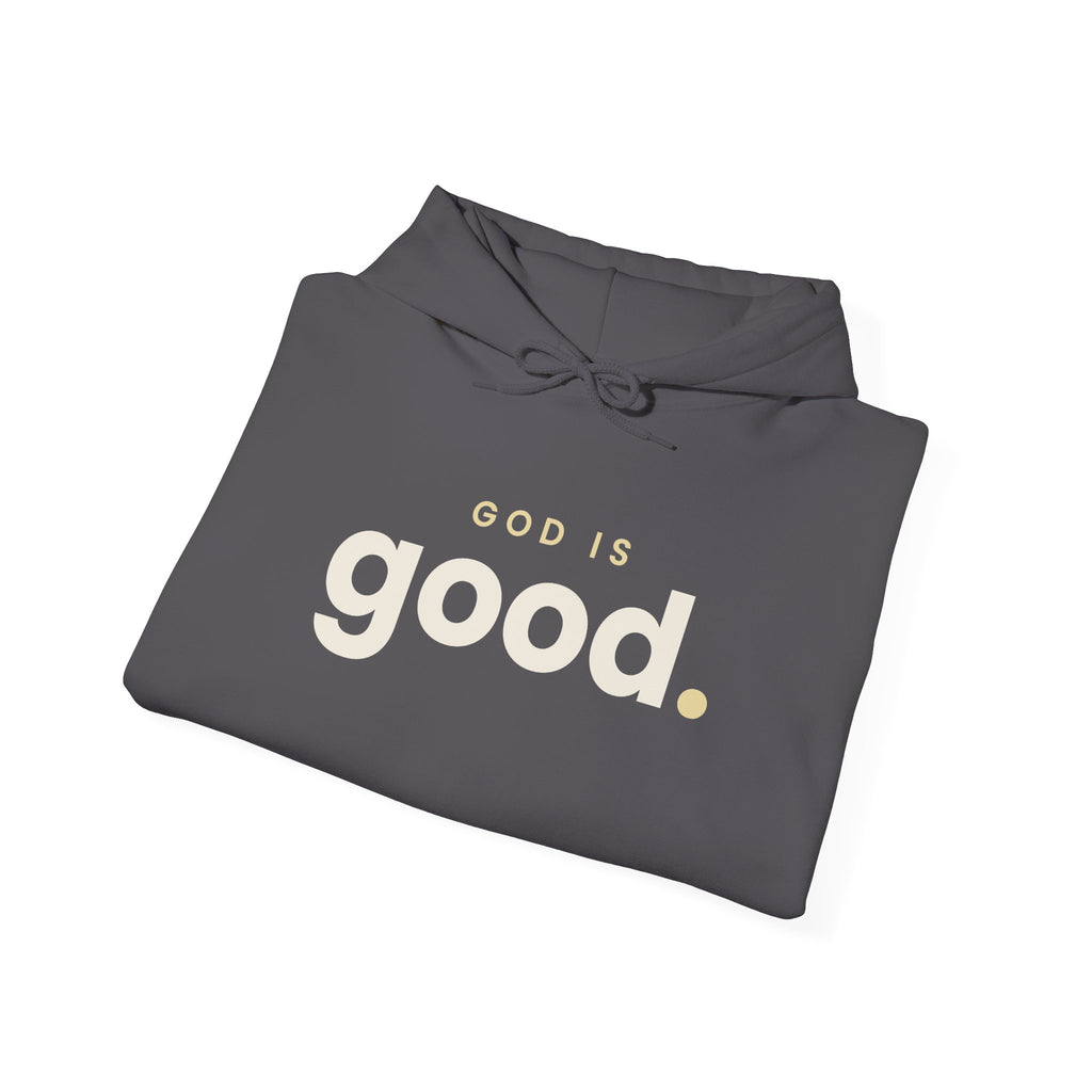 God Is Good Christian hoodie in charcoal, folded mockup