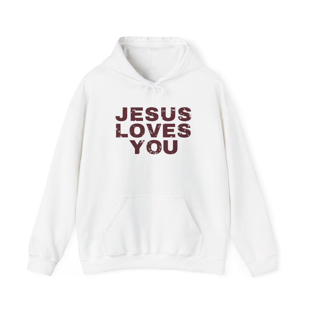 Jesus Loves You Christian hoodie in white, front mockup