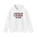 Jesus Loves You Christian hoodie in white, front mockup