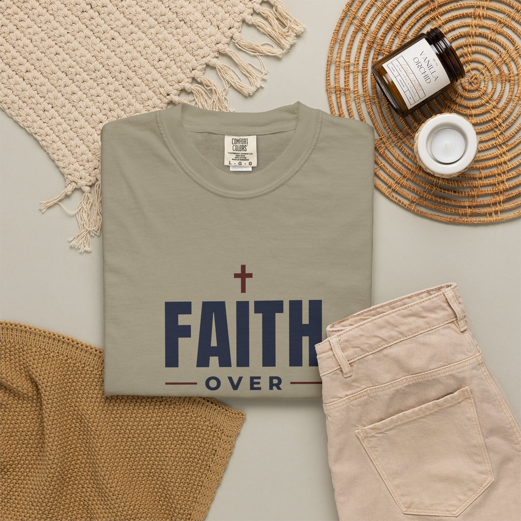 Faith Over Fear Christian tee in sandstone, folded flat lay
