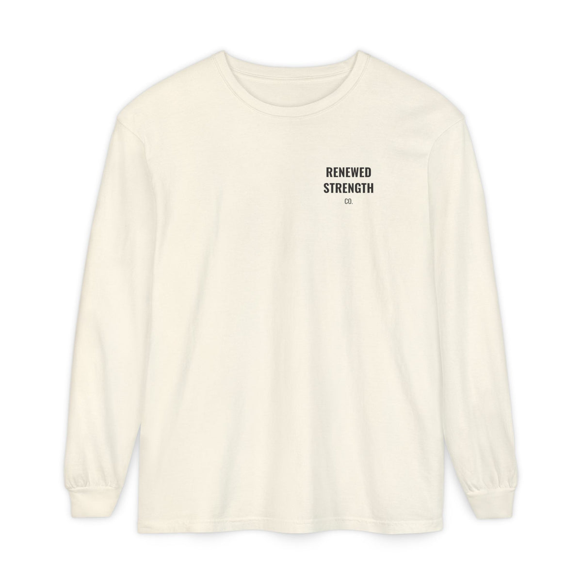 Nothing Can Separate Us Romans 8:38-39 long sleeve tee in Ivory, front with left-chest logo mockup