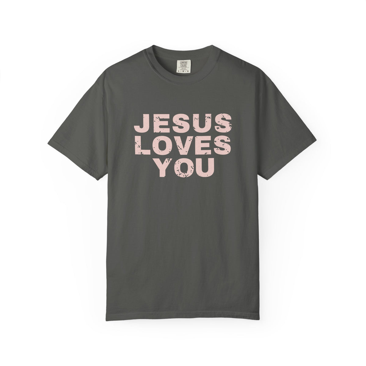 Jesus Loves You Christian tee in pepper, front mockup