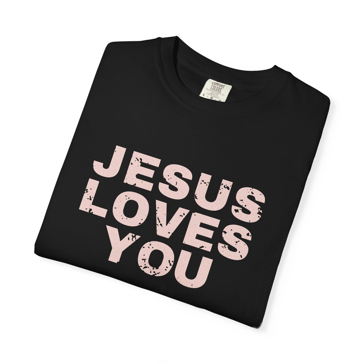 Jesus Loves You Christian tee in black, folded mockup