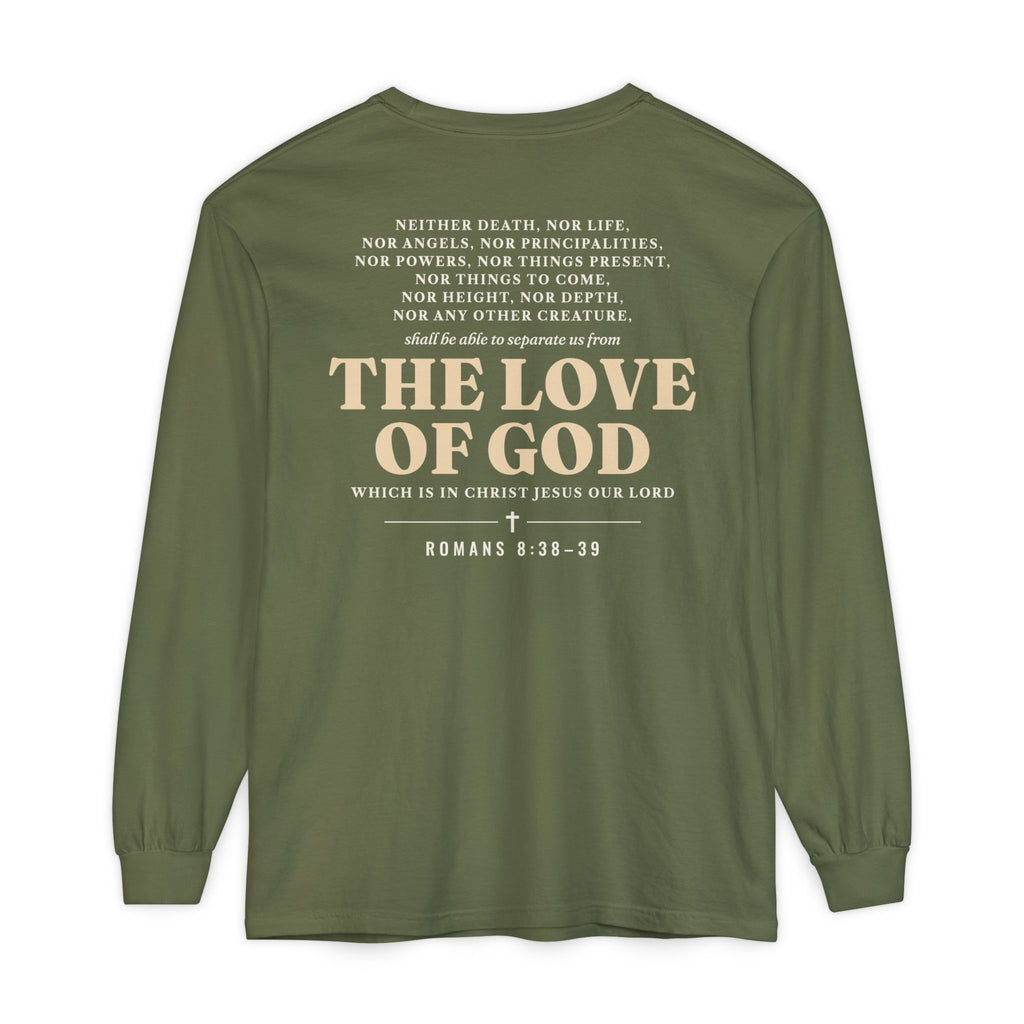 Nothing Can Separate Us Romans 8:38-39 long sleeve tee in Hemp, back print mockup