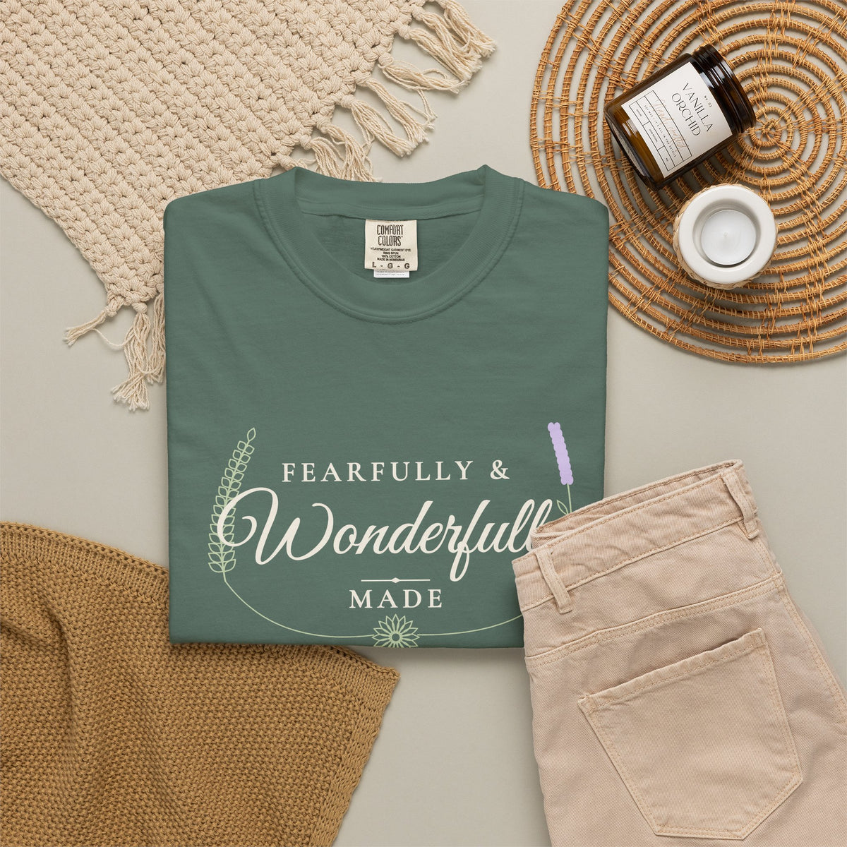 Fearfully & Wonderfully Made Psalm 139:14 tee in blue spruce, folded flat lay mockup