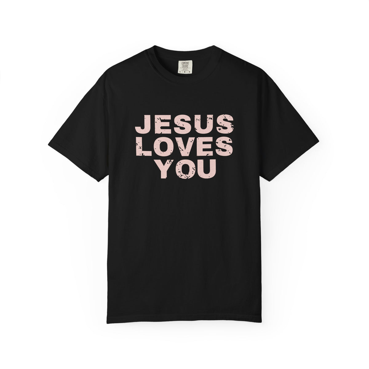 Jesus Loves You Christian tee in black, front mockup