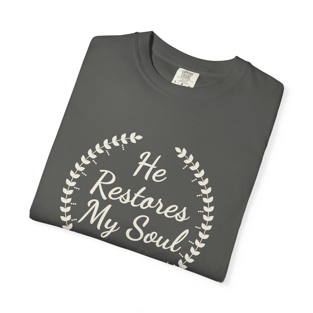 He Restores My Soul Psalm 23:3 tee in pepper, folded mockup