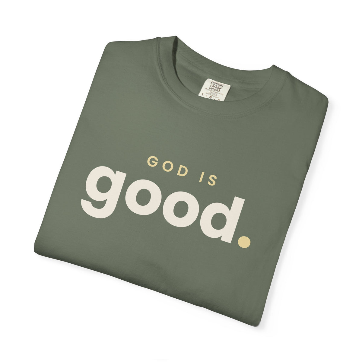 God Is Good Christian tee in moss, folded mockup