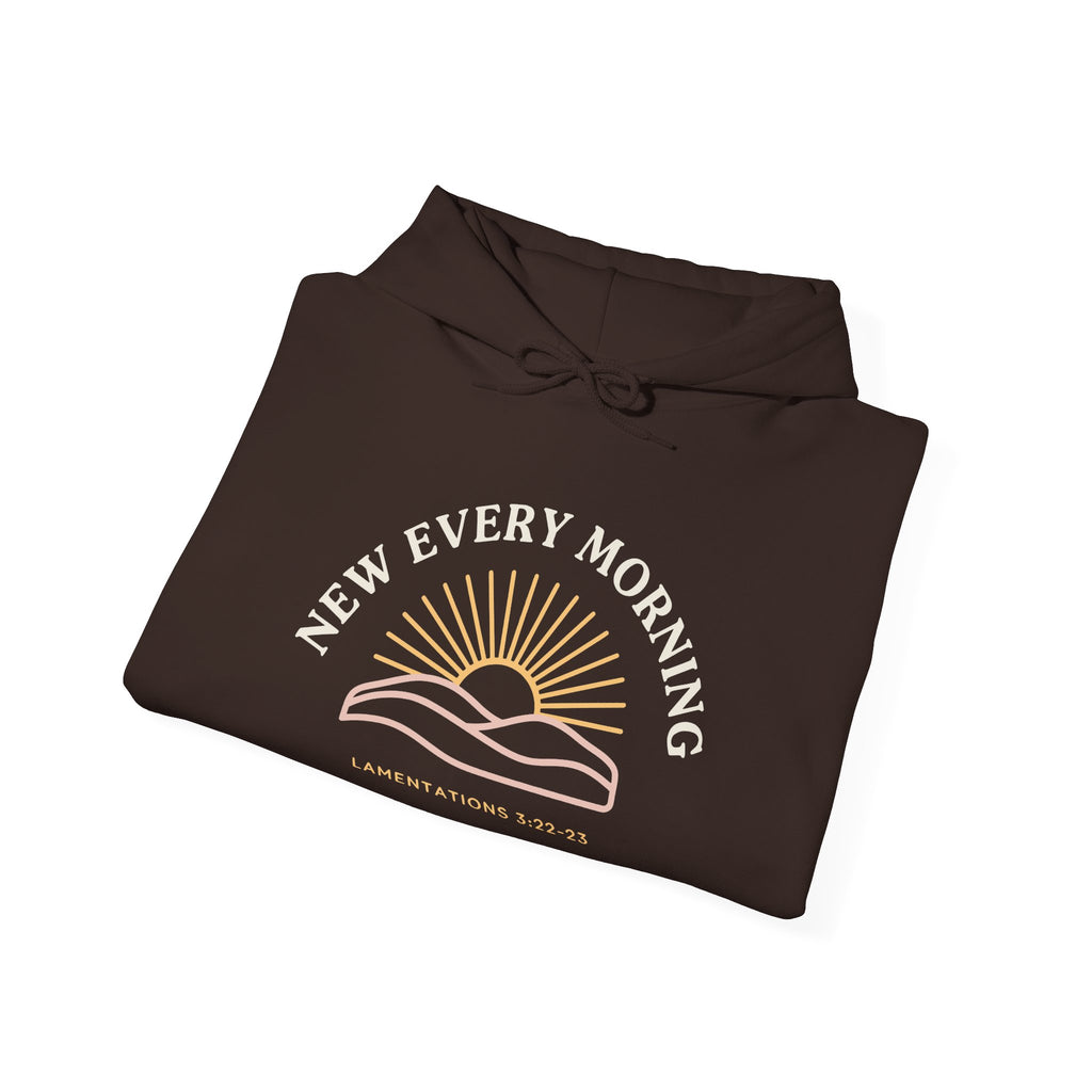 New Every Morning Lamentations 3:22-23 hoodie in dark chocolate, folded mockup