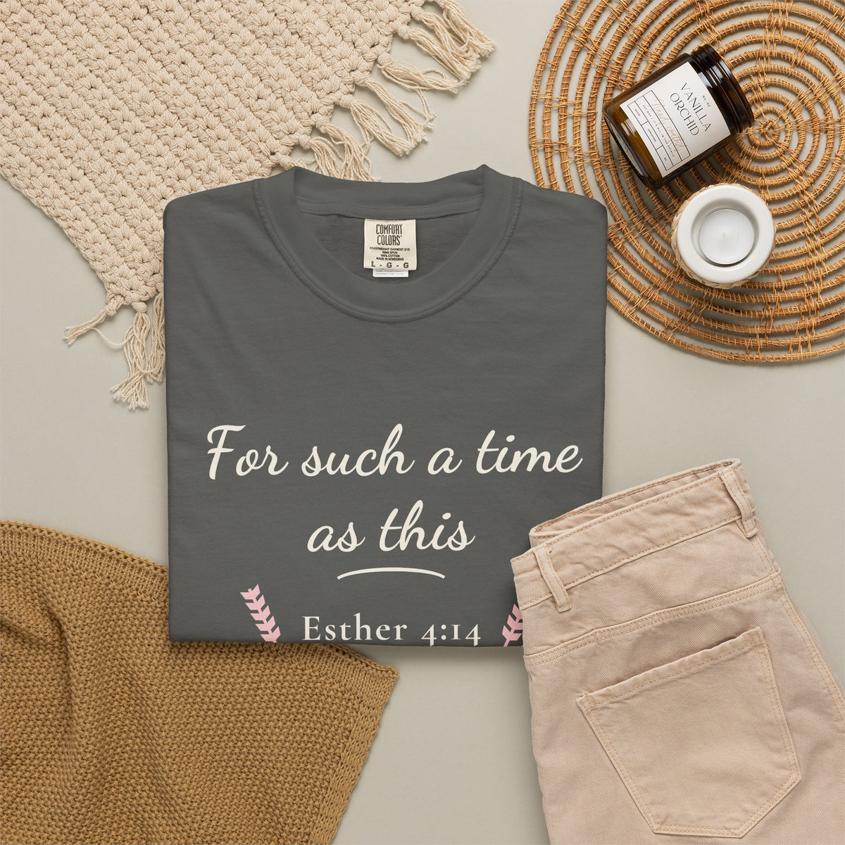 For Such a Time as This Esther 4:14 tee in pepper, folded flat lay mockup