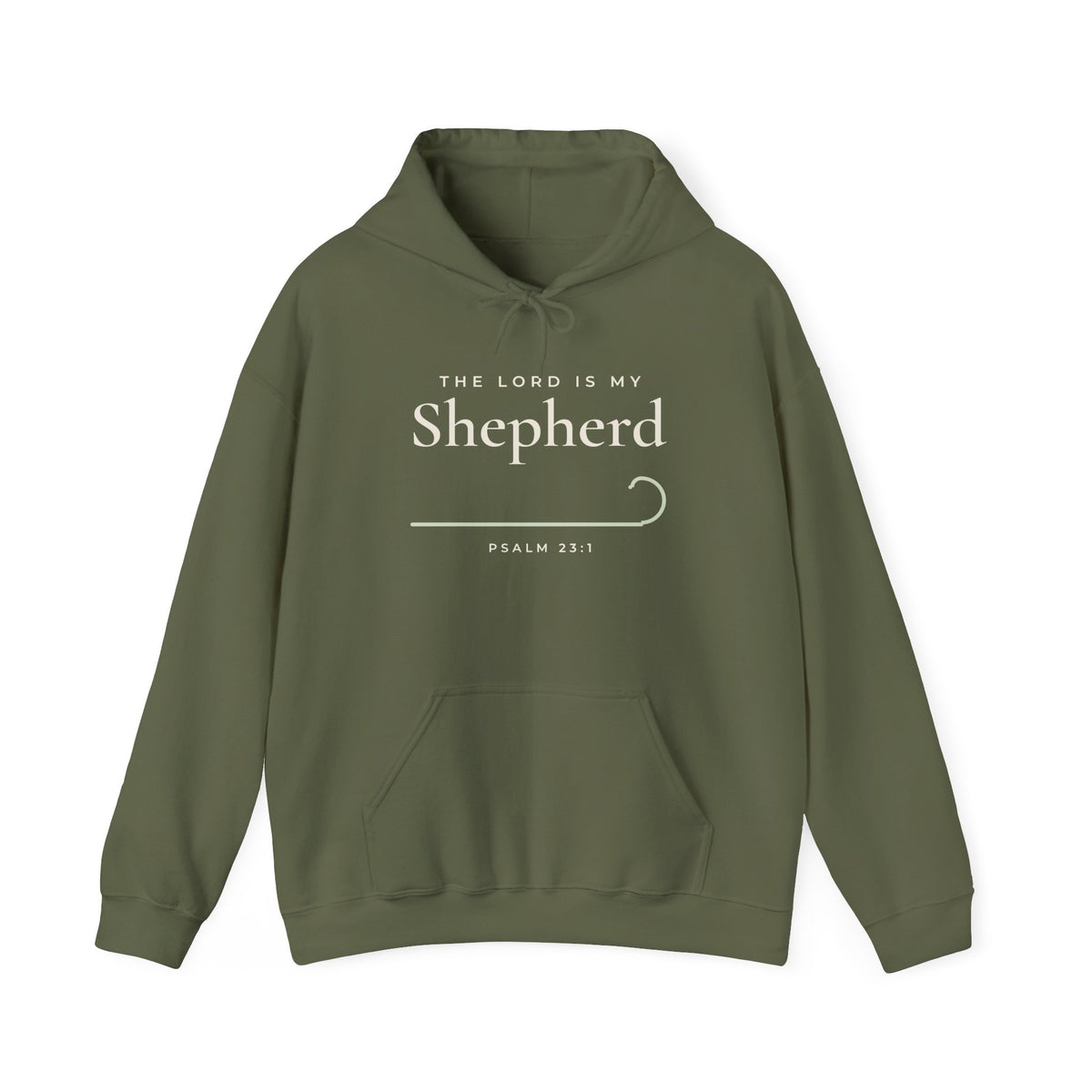 The Lord Is My Shepherd Psalm 23:1 Christian hoodie in military green, front mockup