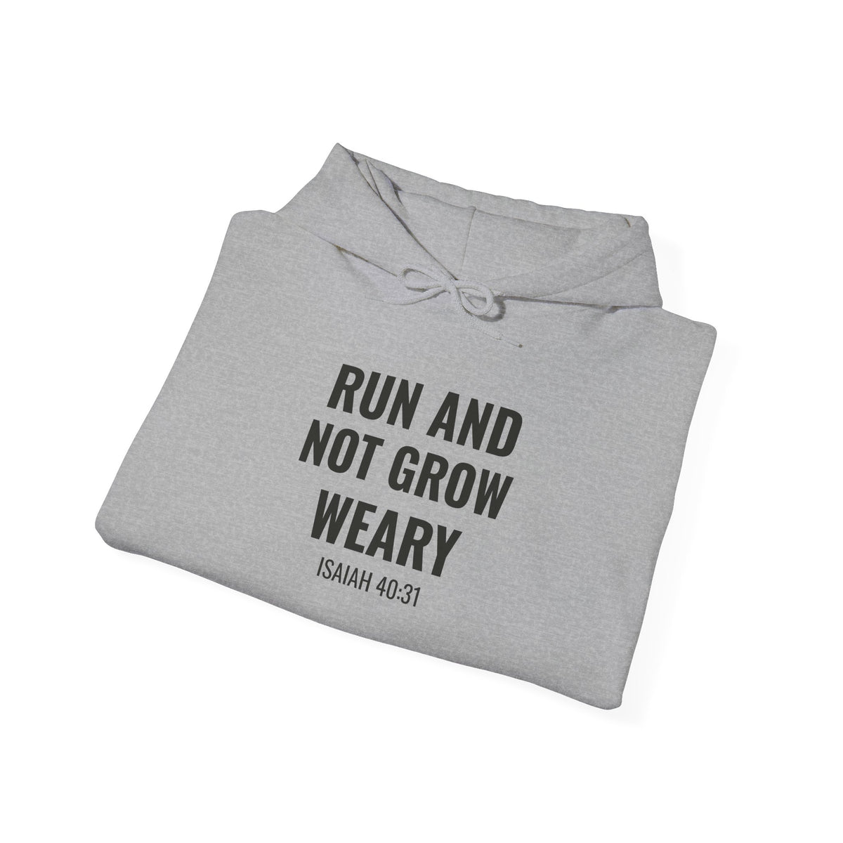 Run and Not Grow Weary Isaiah 40:31 hoodie in sport grey, folded flat lay mockup