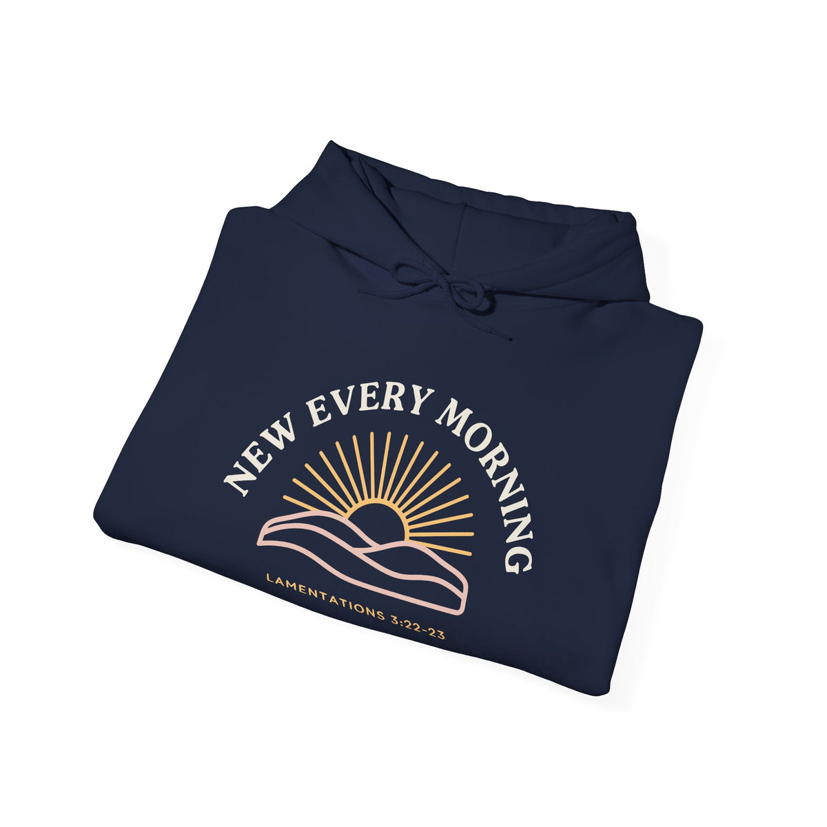 New Every Morning Lamentations 3:22-23 hoodie in navy, folded mockup