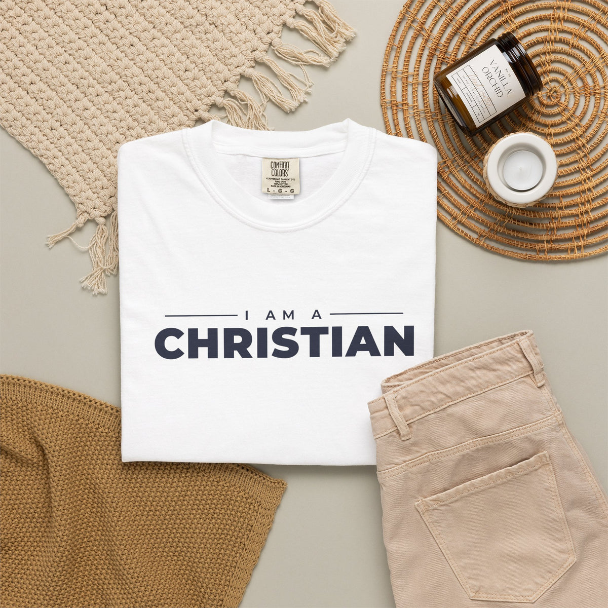 I Am a Christian Christian tee in white, folded flat lay