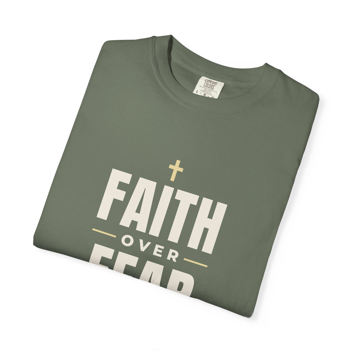 Faith Over Fear Christian tee in moss, folded mockup
